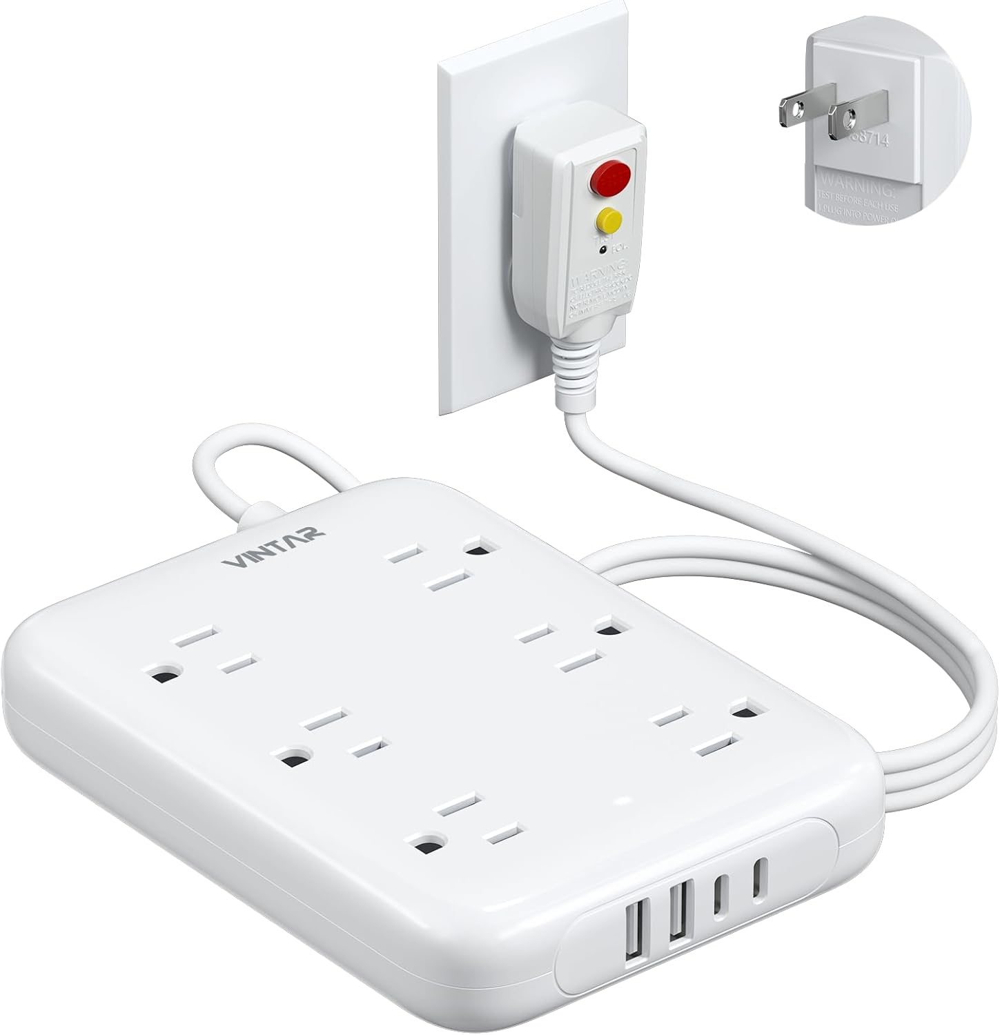2 Prong GFCI Power Strip with 6 Outlets & USB Ports for Safety