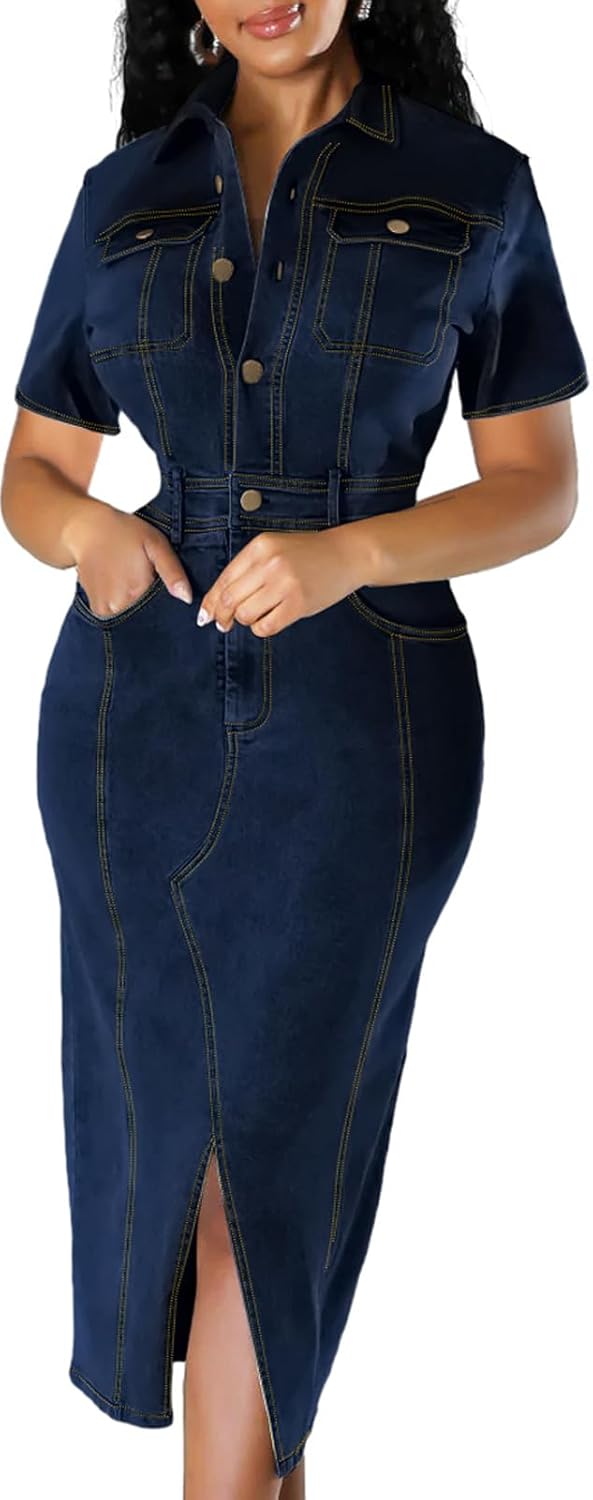Denim Dress for Women Bodycon Short Sleeve Jean Split Workwear