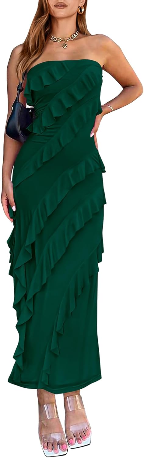 Elegant Strapless Midi Ruched Bodycon Dress for Women