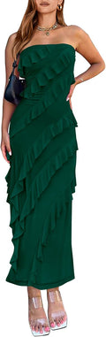 Women Strapless Mesh Midi Ruched Bodycon Dress - Summer Elegant