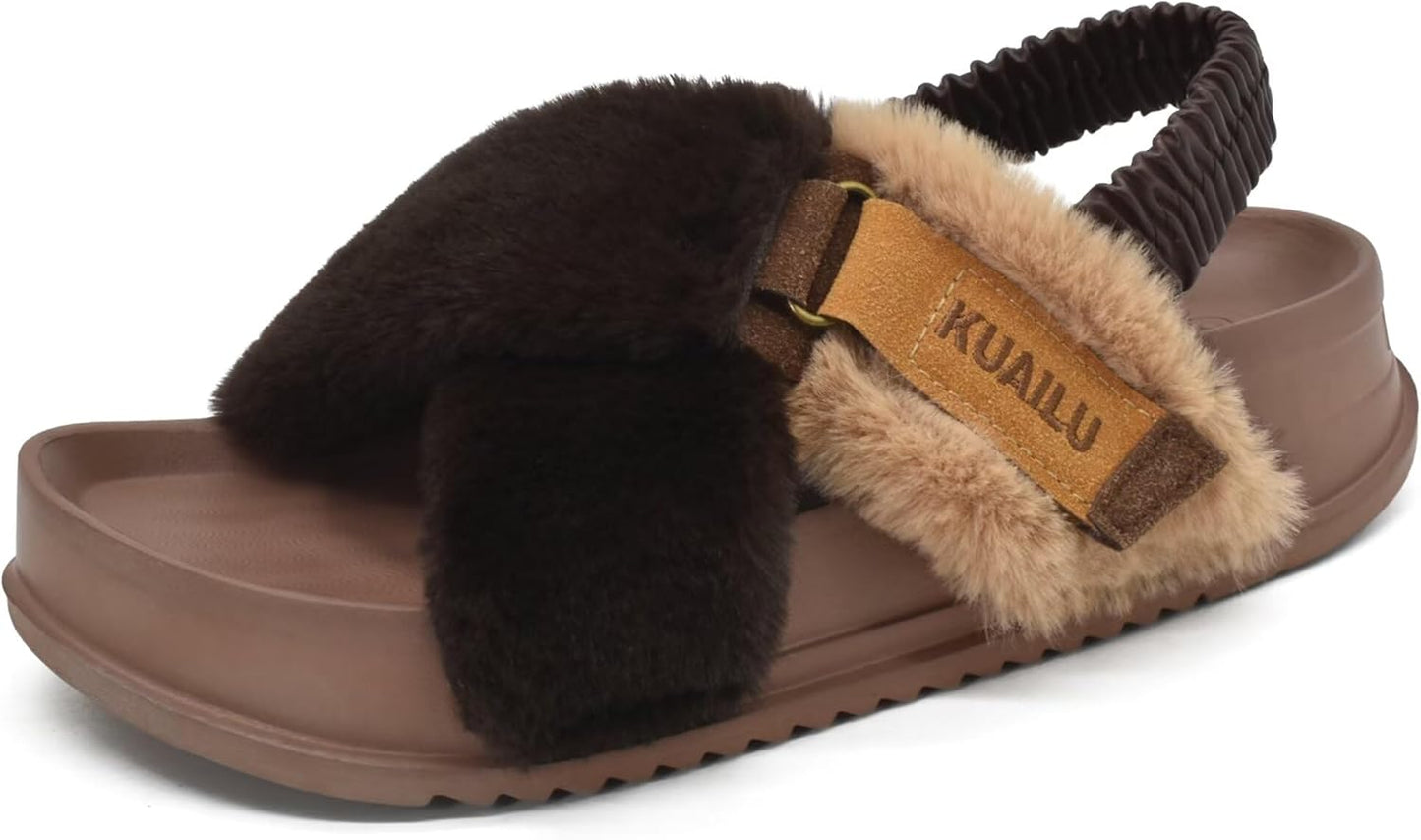 KuaiLu Womens Fuzzy Criss Cross Band Platform Slippers Review