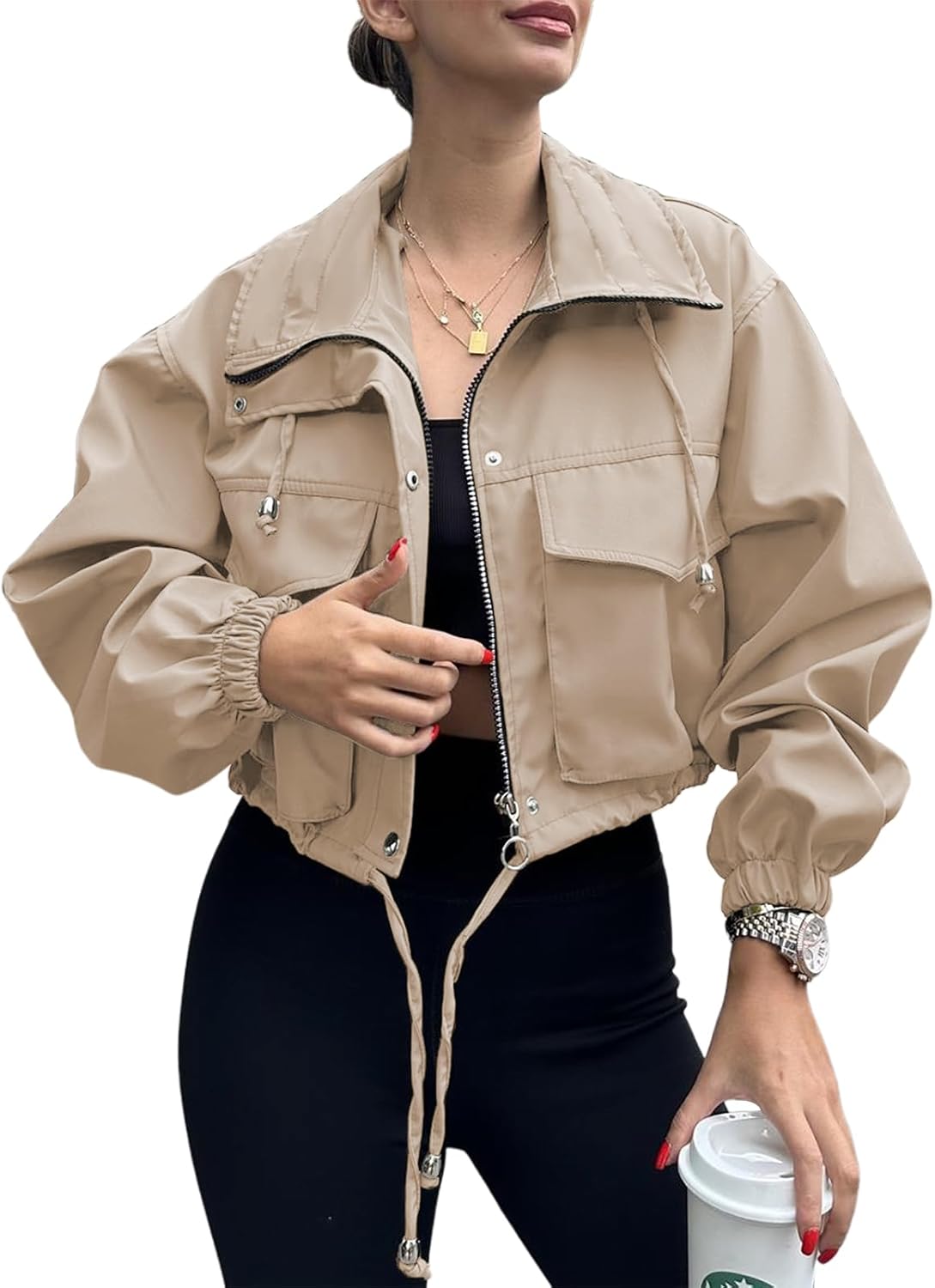 Tankaneo Womens Cropped Jacket Zip Up Lightweight Utility Coat