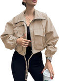 Tankaneo Womens Cropped Jacket Zip Up Lightweight Oversized Utility