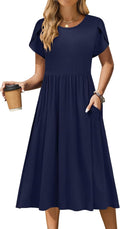 Women Summer Short Sleeve Midi Floral Dress with Pockets - Flowy Aline