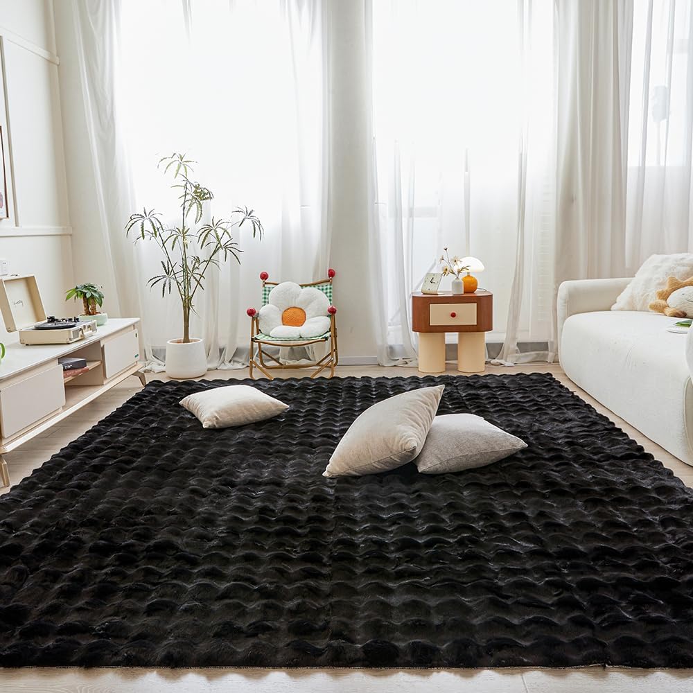 Black Rabbit Plush Area Rug for Bedroom Living Room Sofa