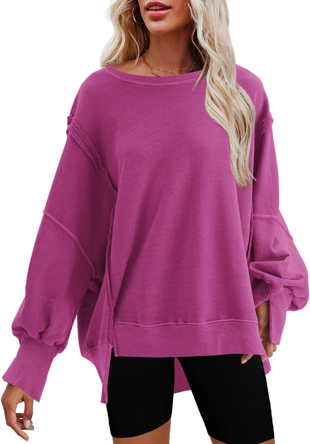 Nirovien Womens Oversized Crewneck Sweatshirt with Side Slits