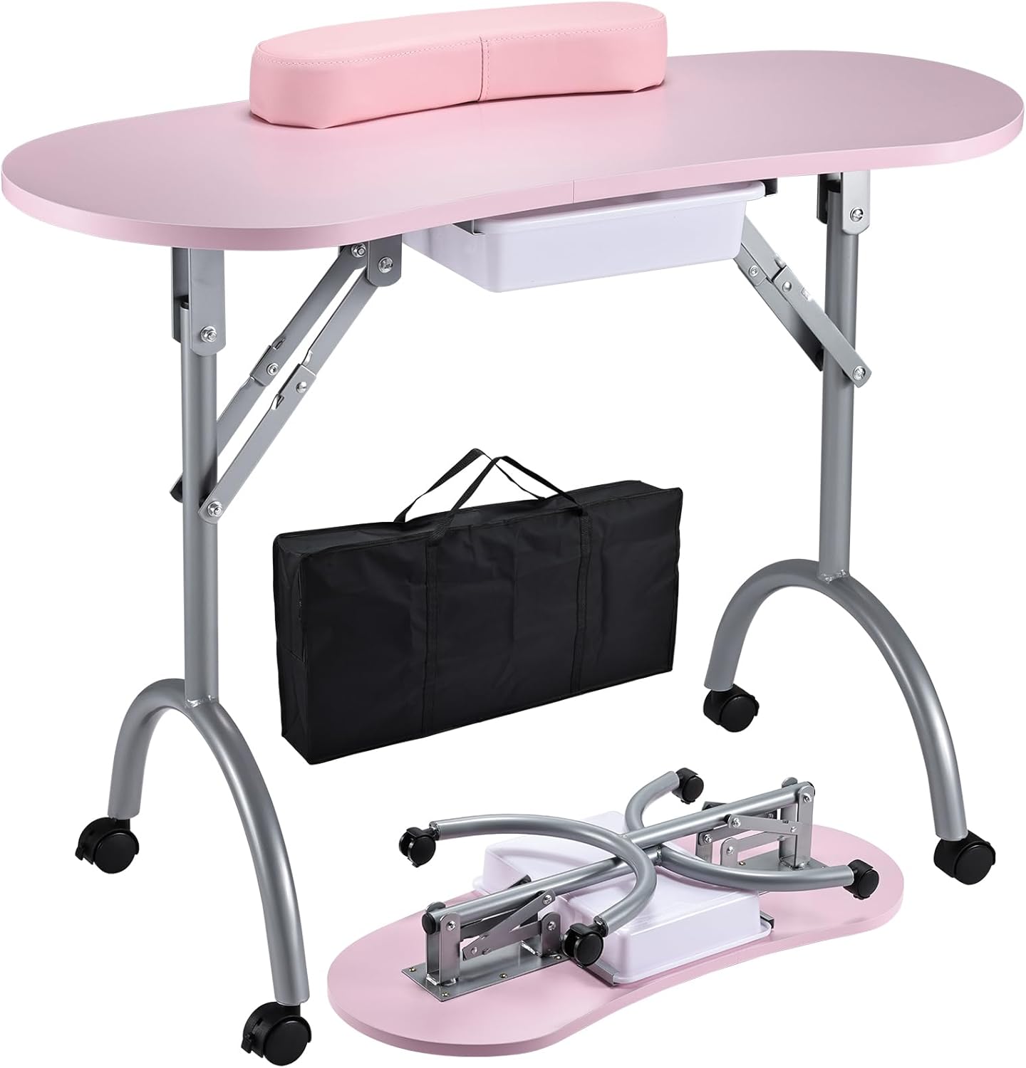 Foldable Portable Manicure Desk with Lockable Wheels and Drawer