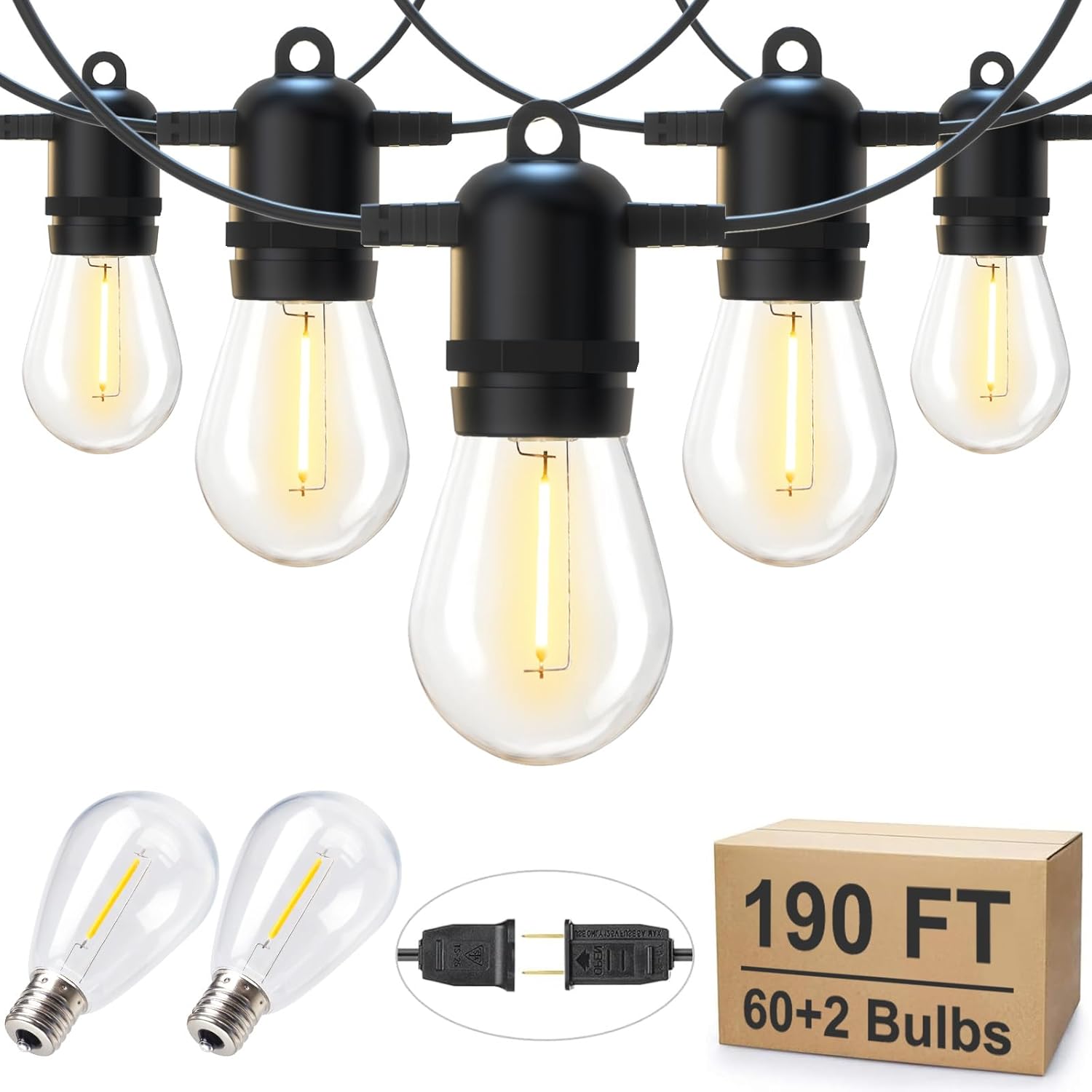 190FT Outdoor String Lights with Shatterproof Vintage Bulbs