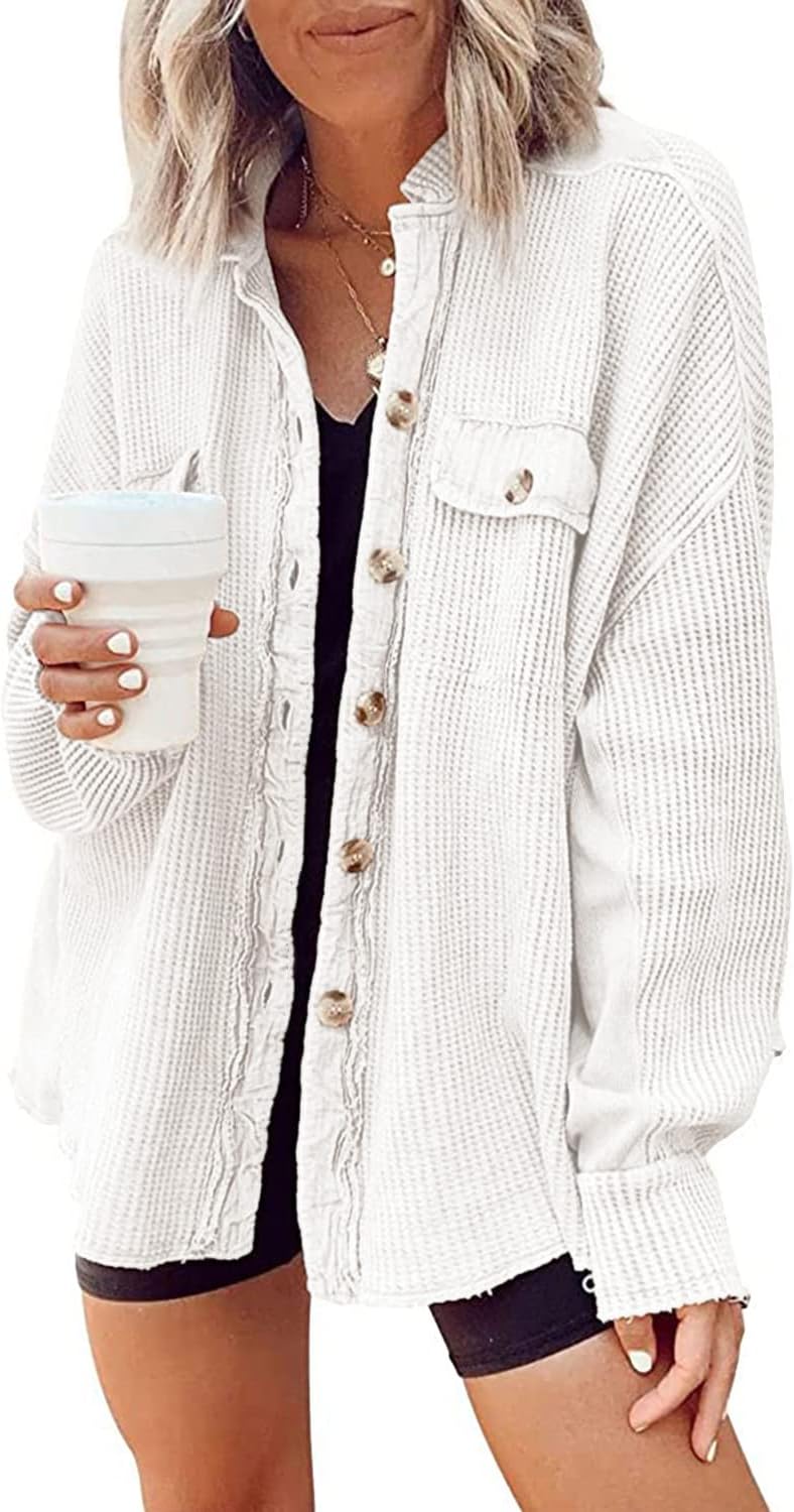 Waffle Knit Button Down Shirt for Women - Trendy Shacket Style