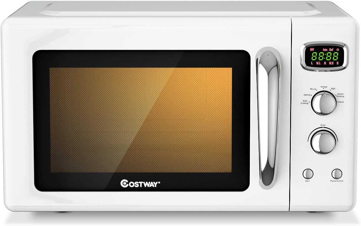 COSTWAY 900W Retro Microwave: 5 Power Levels & Auto Cooking