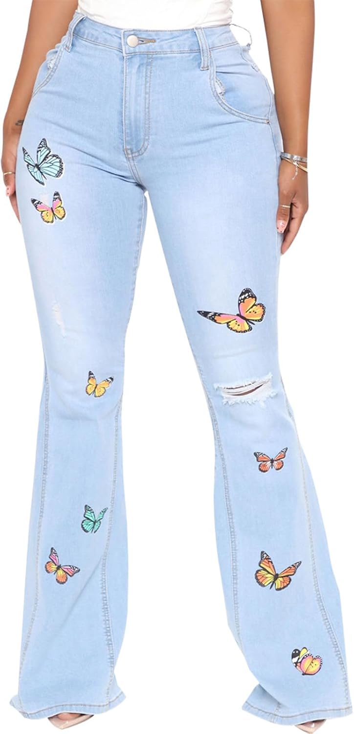 Women's Butterfly Bell Bottom Jeans for Chic Summer Style