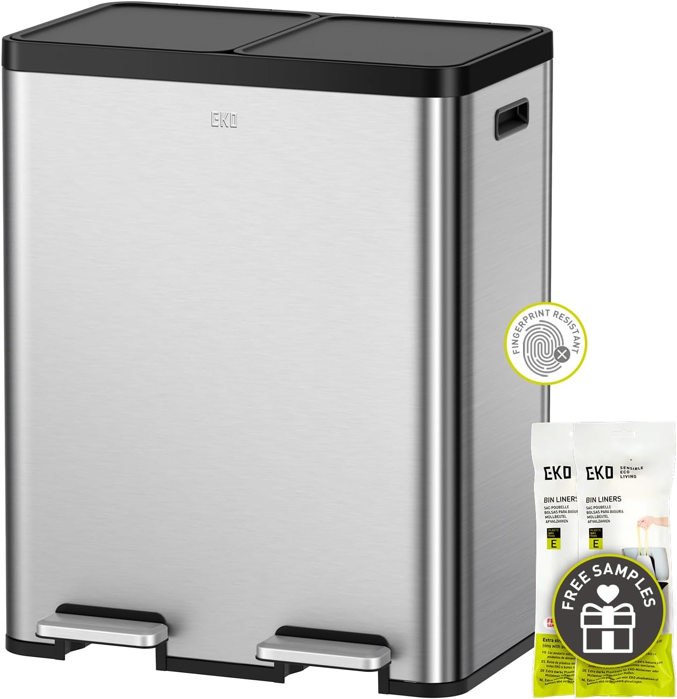 EKO Essential 8+8 Gallon Dual Trash Can for Kitchen Recycling