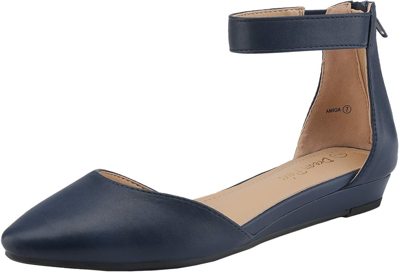 DREAM PAIRS Women's Low Wedge Round Toe Ankle Strap Flats