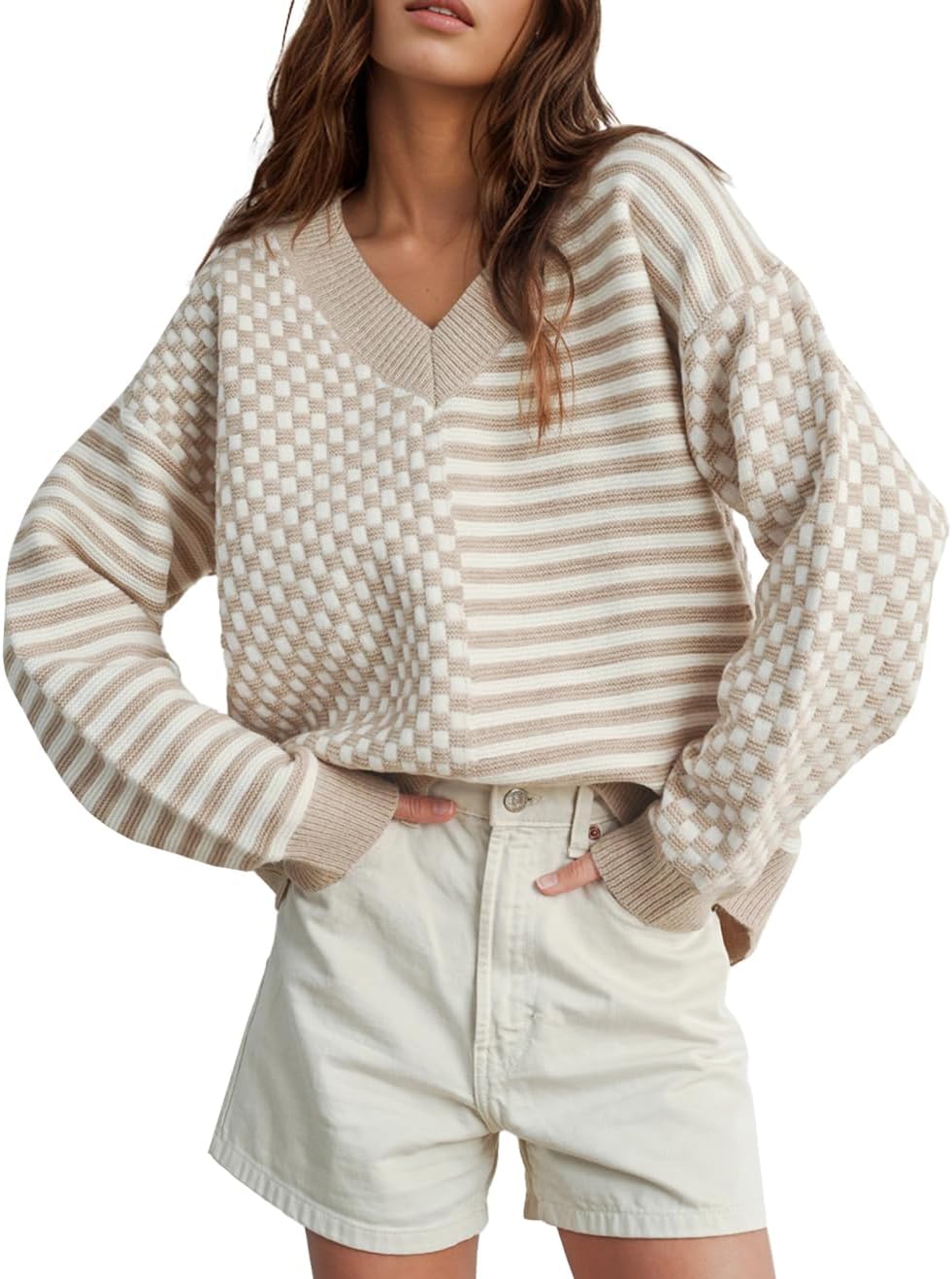 UNCLECAT Women's Striped Checkered Sweater for Trendy Style
