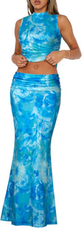 Skirt Sets Women 2 Piece Outfits - Sleek Sleeveless Crop & Fold-Over