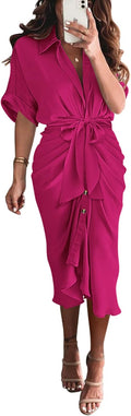 Women Ruched Satin Button Down Maxi Dress - Flattering Summer Fit