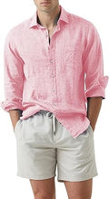 Men's Cotton Linen Casual Button Down Long Sleeve Dress Shirt
