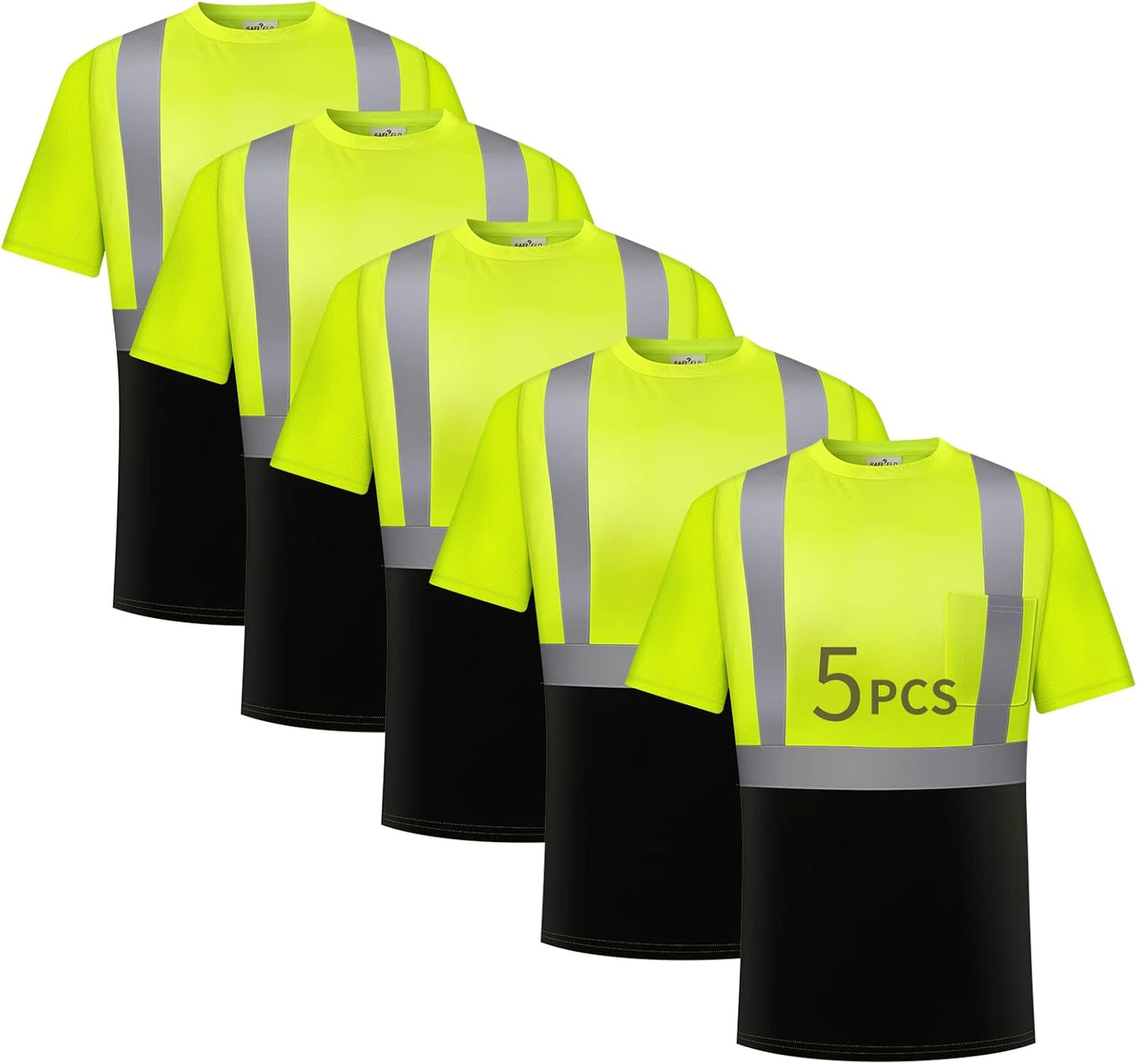 Hi Vis Safety Shirts for Men Reflective Work T-Shirt 5 Pack
