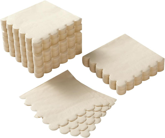 100 Pack Scalloped Cocktail Napkins - Elegant Disposable Napkins for Events