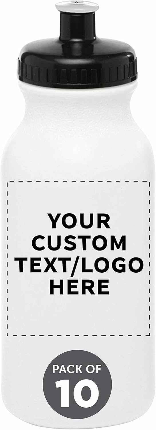 Custom 20 oz. Water Bottles with Push Cap - Set of 10 for Sports
