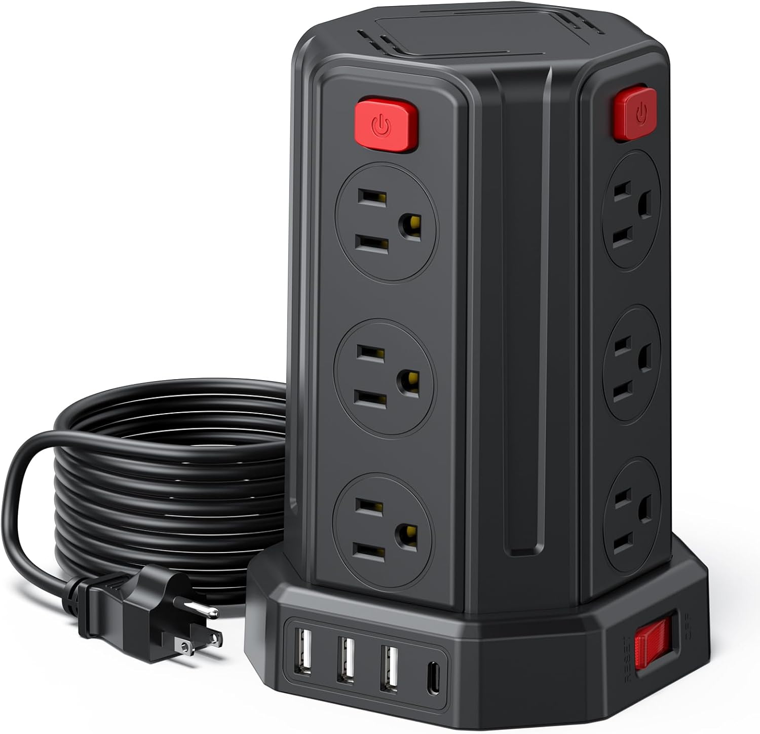 10 Ft Extension Cord Power Strip: 12 AC Outlets, 4 USB, 1 USB C