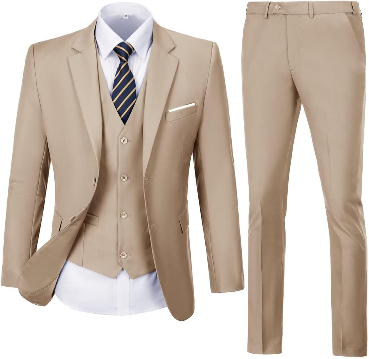 Mens Suit Solid Two Button Slim Fit 3 Piece Blazer Vest Pants