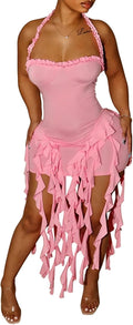Aro Lora Womens Sexy Halter Neck Tassel Ruffle Bodycon Mini Dress