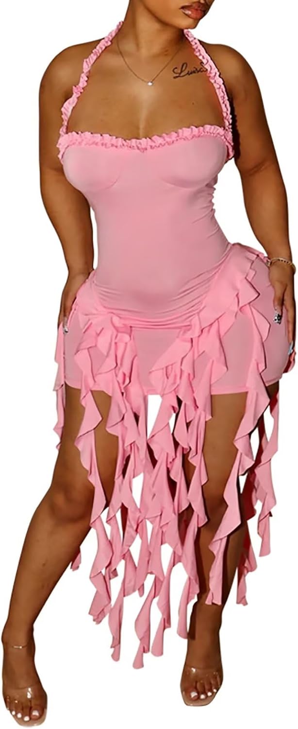 Aro Lora Sexy Halter Neck Ruffle Tassel Mini Dress for Parties