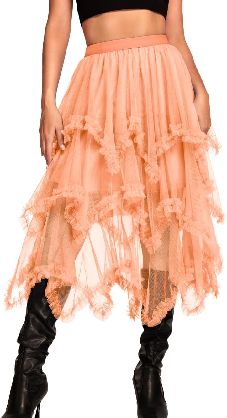 Kaei&Shi Long Tulle Skirt for Women - Asymmetrical Ruffle Design