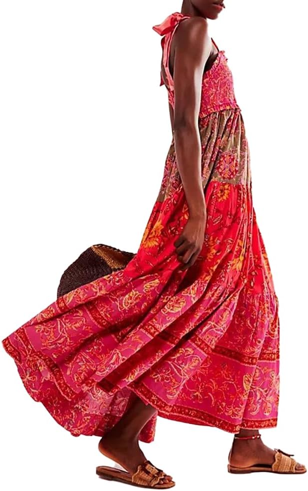 Women Floral Maxi Dress Sleeveless Tie Shoulder Bohemian Style