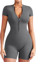 Women Short Sleeve Workout Jumpsuit Zip Up Romper - Bodycon One Piece