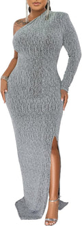 Women's Formal Evening Gown One Shoulder Maxi Dress - Sparkly Long
