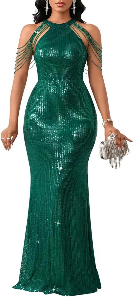 Cololura Women Sexy Elegant Sequin Tassel Off Shoulder Dress