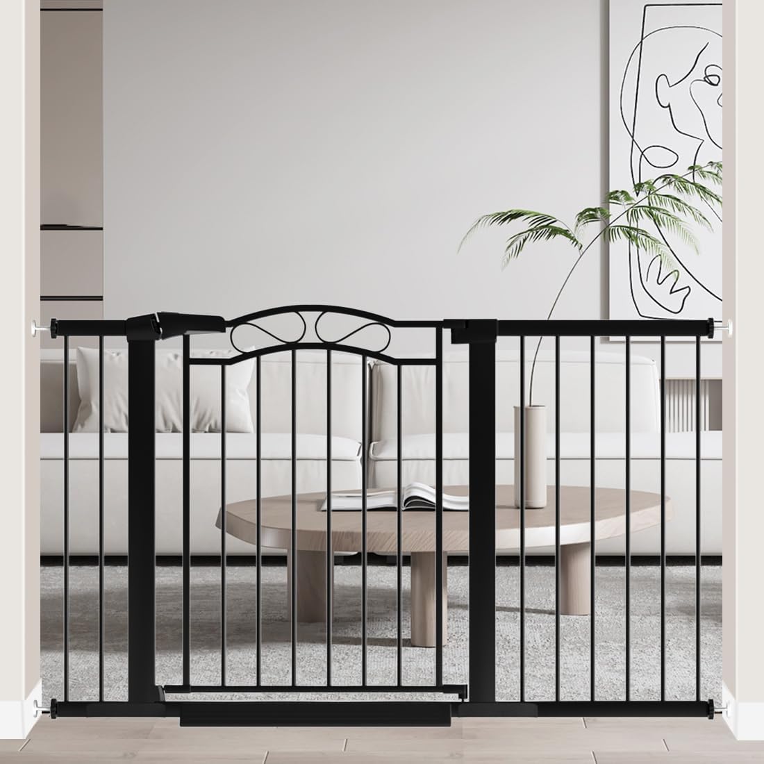 Black Wide Baby Gate with Door for Stairs - Safety Gate 51.57in-54.33