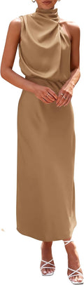 PRETTYGARDEN Satin Maxi Dress - Elegant Sleeveless Mock Neck ()