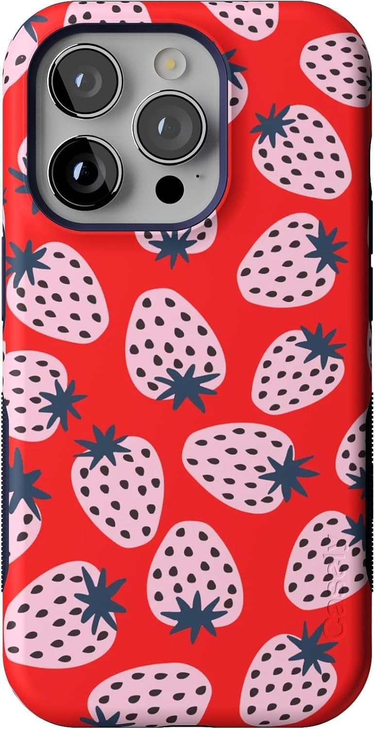 Bold Protective iPhone 14 Pro Case with Strawberry Design