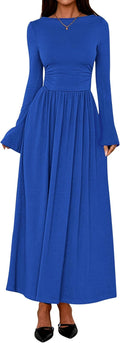 Long Sleeve Maxi Dress Ruched Boat Neck - Elegant Fall 2025 BTFBM