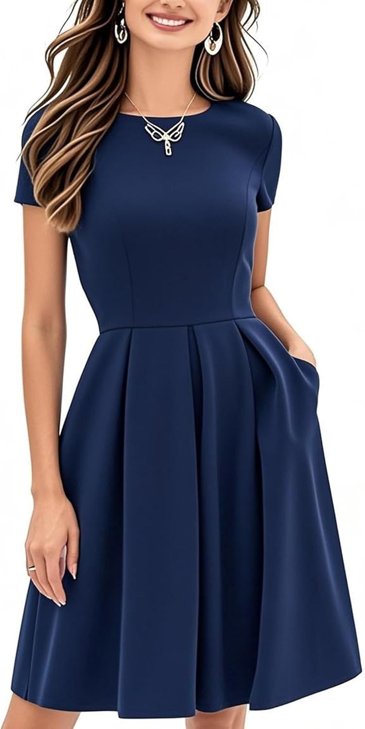 Oxiuly Women's Vintage Half Sleeve O-Neck Casual Swing Dress
