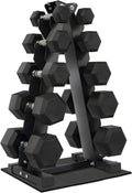 Rubber Coated Hex Dumbbell Weight Set with A-Frame Rack - Compact