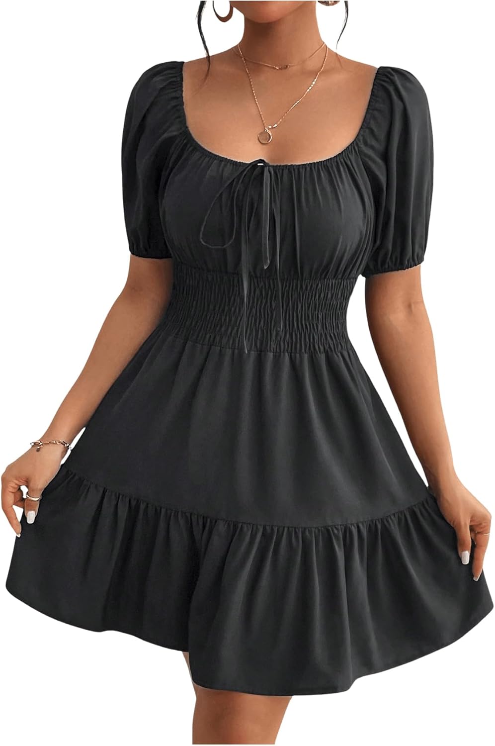 Floerns Women's Boho Square Neck Puff Sleeve A Line Dress