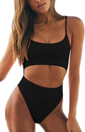 Meyeeka Scoop Neck Cut Out Lace Up Back High Cut Monokini (Style QHZF)