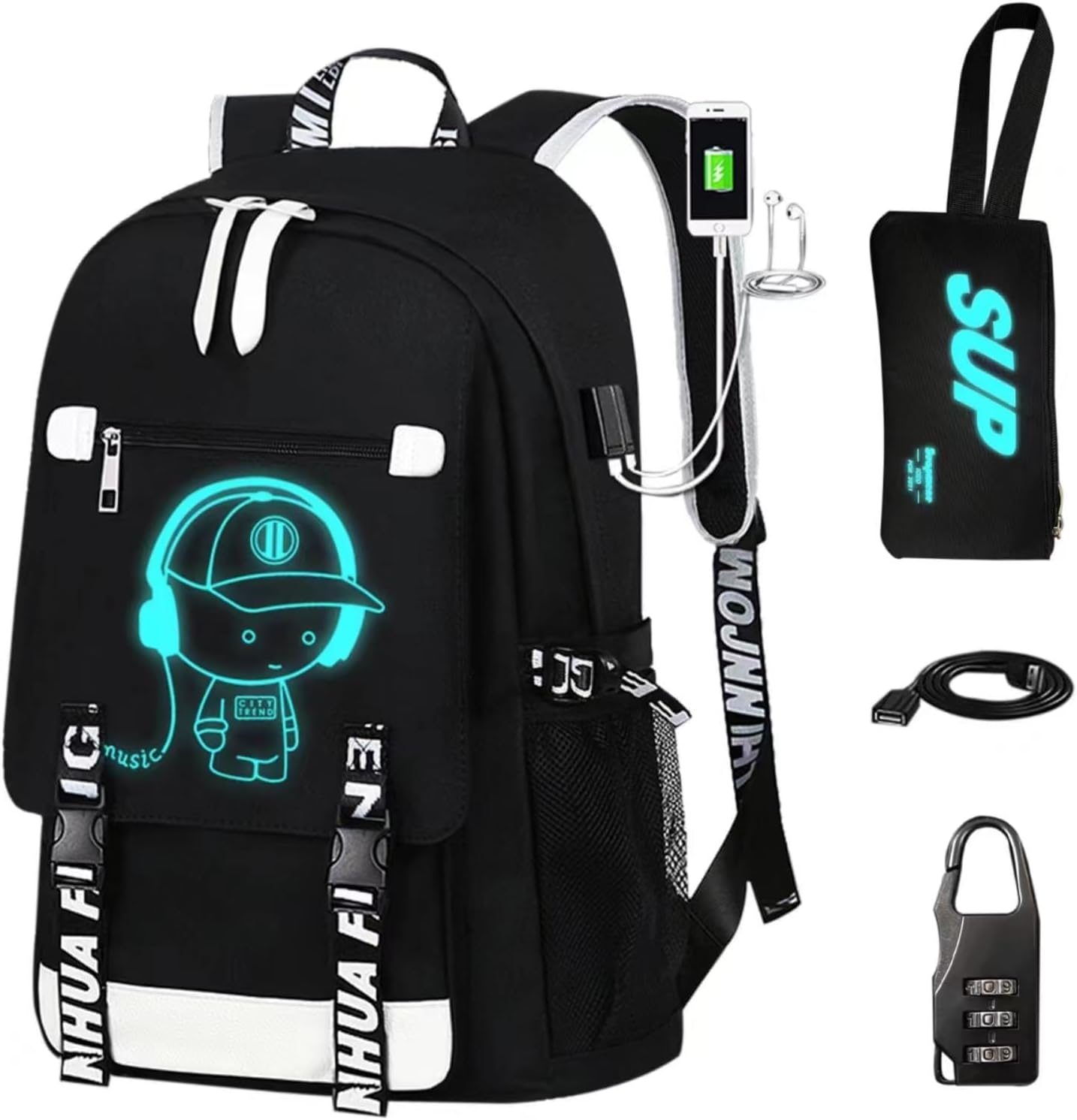 Luminous Anime Backpack for Boys with USB Charging Port