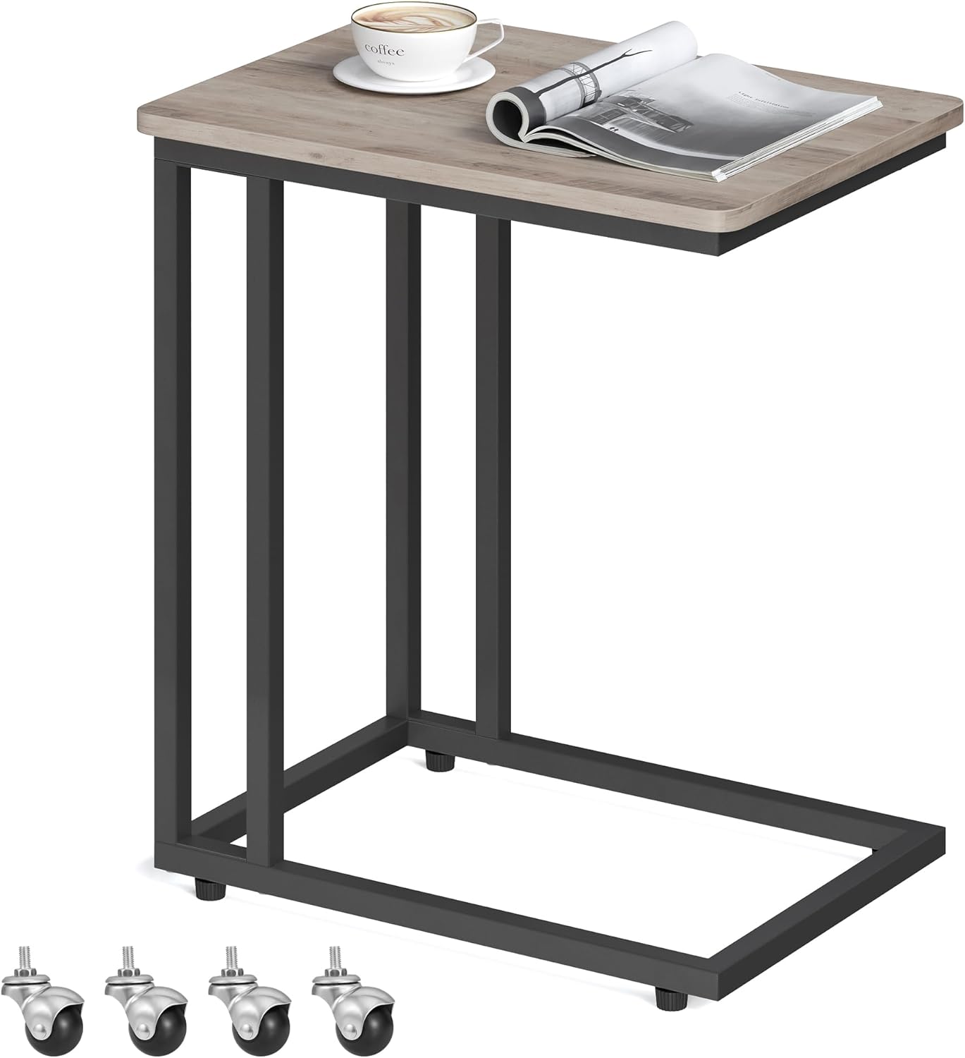 C Shaped End Table with Rolling Casters for Living Room Use