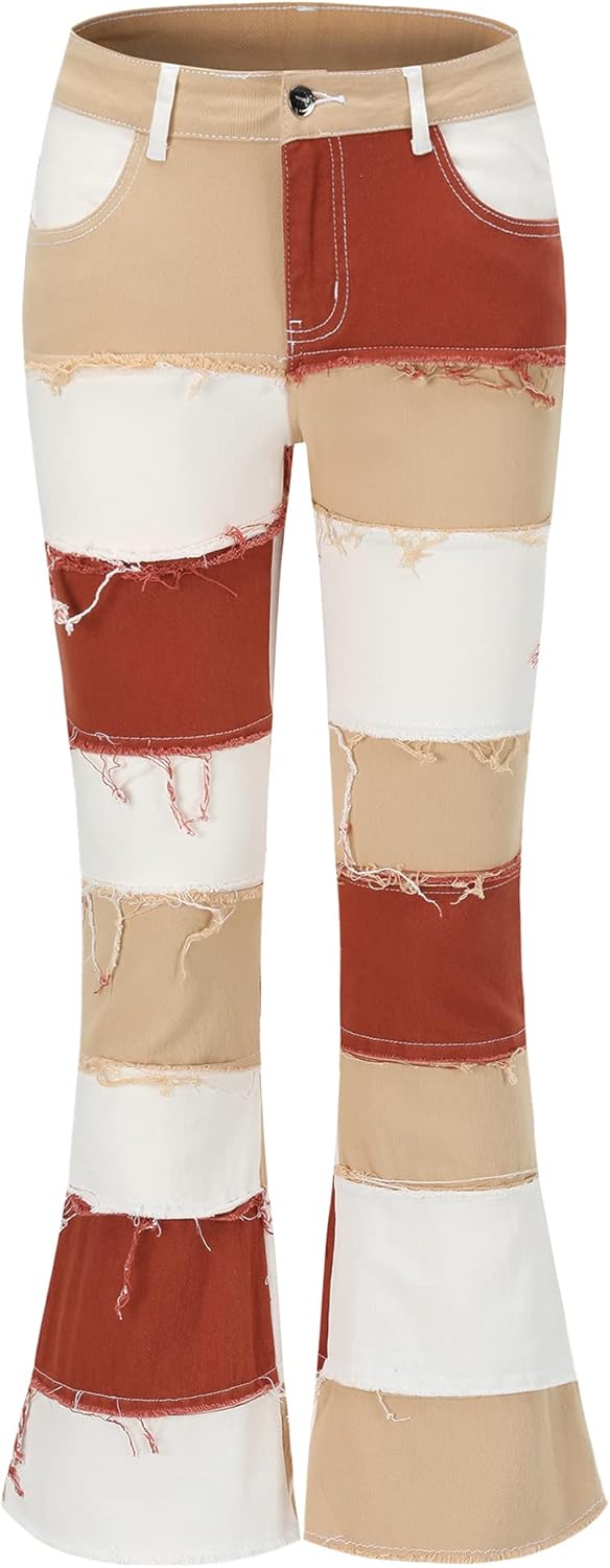 Patchwork Flare Jeans for Women - High Waisted Bell Bottoms