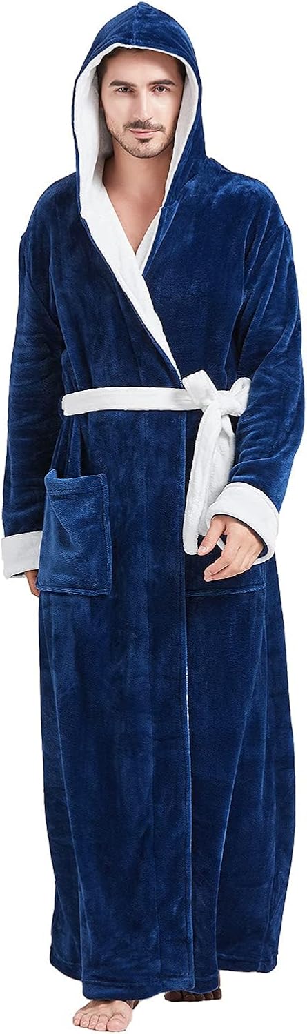 FashGudim Mens Hooded Flannel Fleece Bathrobe for Comfort