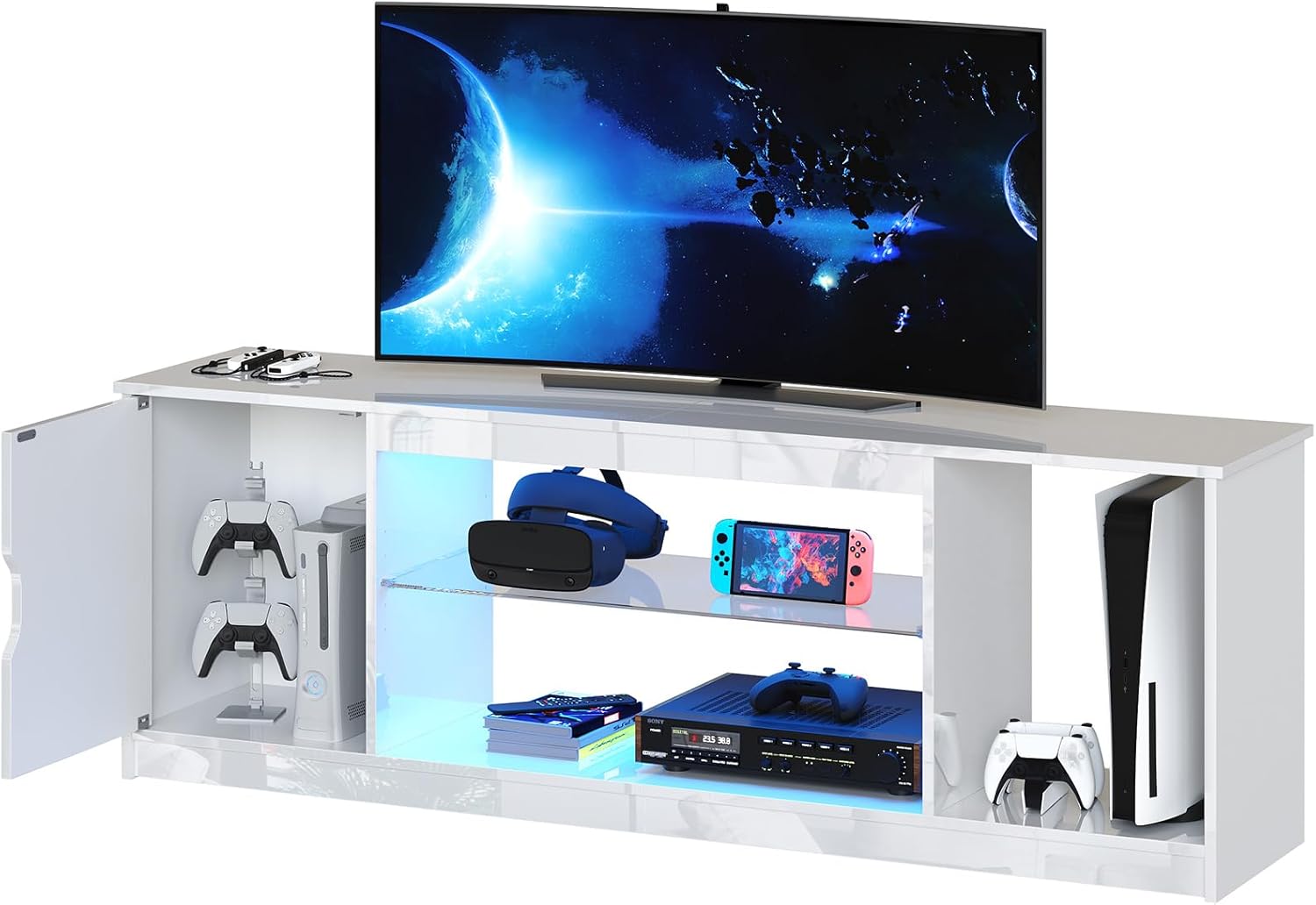 Modern Gloss White TV Stand - Gaming Console Unit for 65 TVs