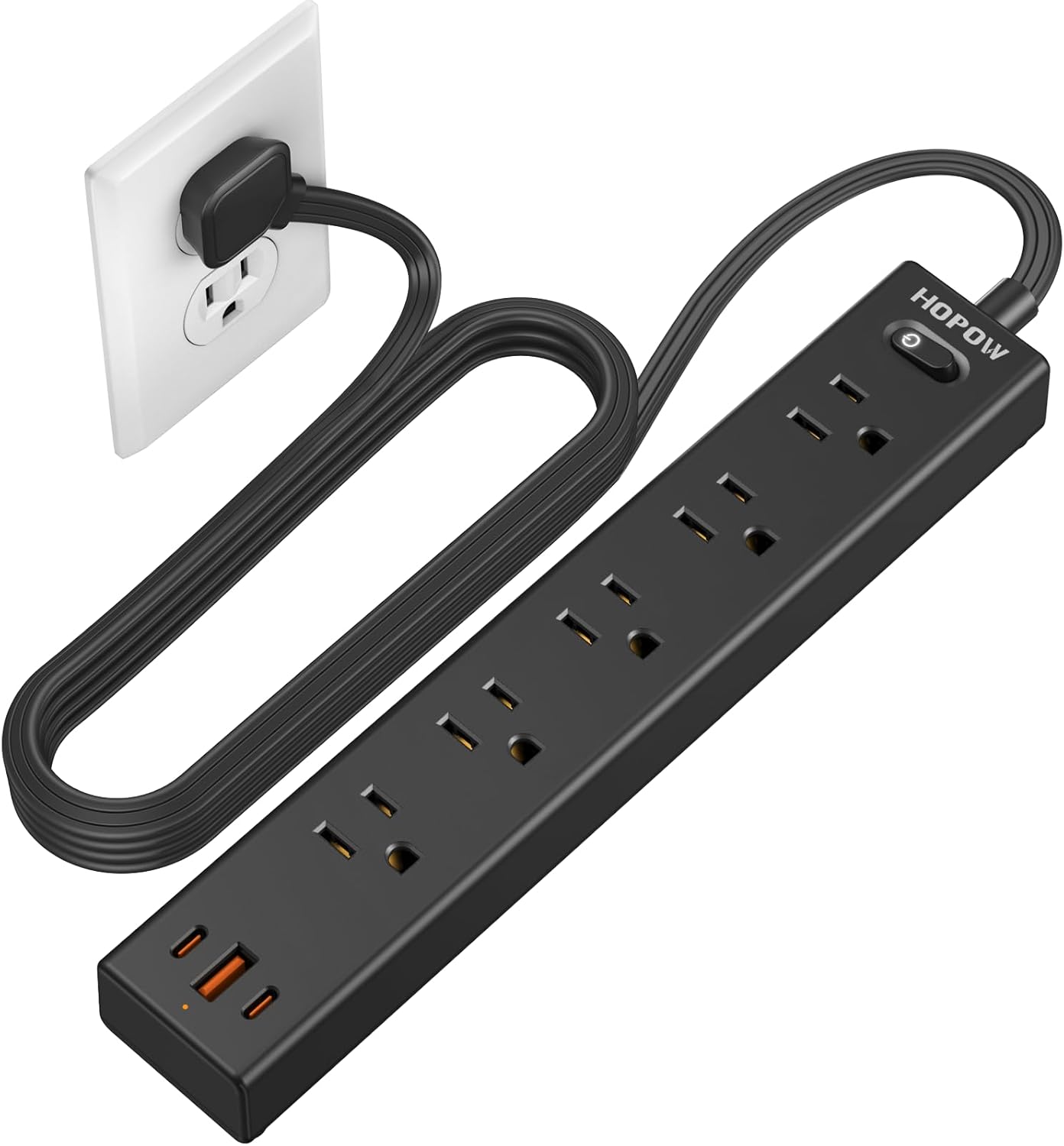 HOPOW Slim Power Strip: 5 Outlets, 3 USB Ports, Surge Protection