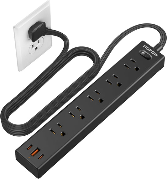 HOPOW Slim Power Strip: 5 Outlets, 3 USB Ports, Surge Protection