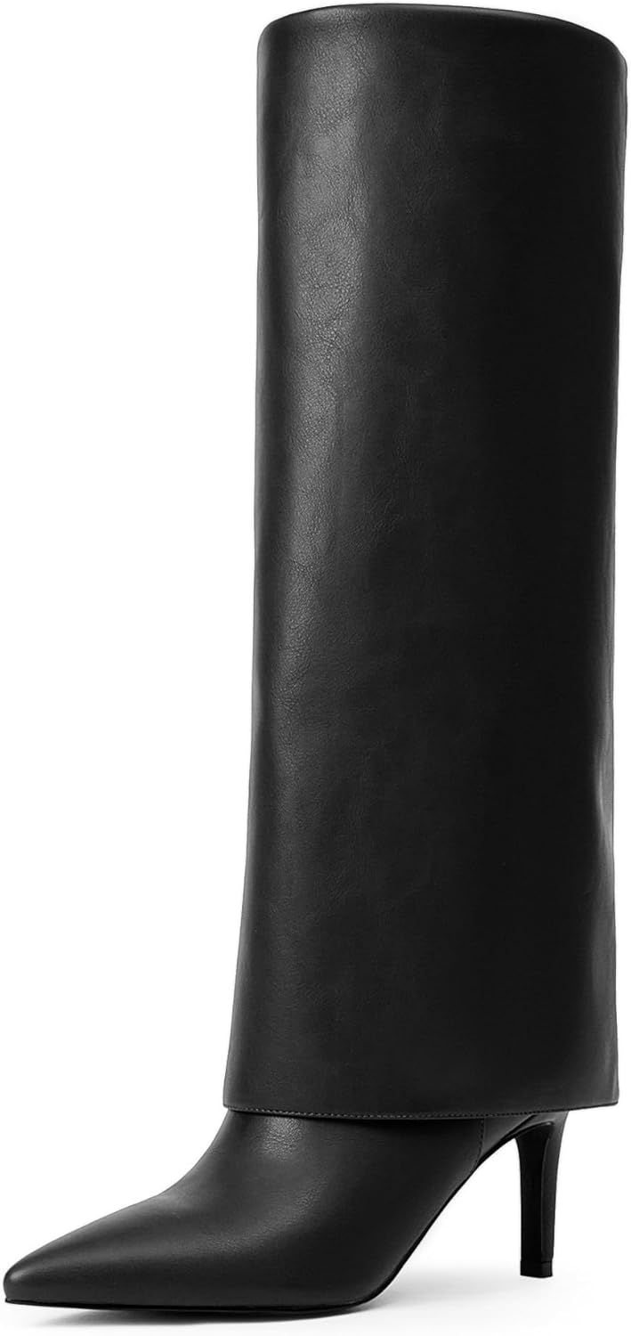 Knee High Boots Women Fold Over Stiletto Heel Tall Boots