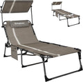 Beige/White Tanning Chair with Face Hole and Canopy - Foldable Lounger